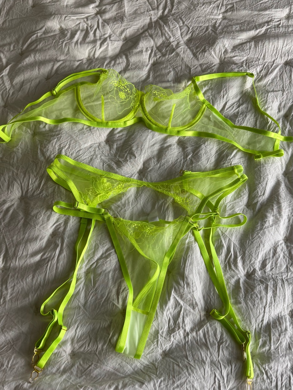 Neon Lime Sheer Lace Bra & Garter Set